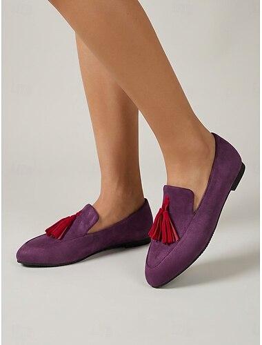  أحذية نسائية أنيقة من جلد الغزال الأرجواني - أحذية مسطحة مريحة ذات مقدمة مدببة مع شرابة أنيقة مناسبة للعمل اليومي والمشي غير الرسمي في المدينة &ملابس أنيقة احترافية