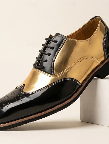  Zwarte en gouden lakleren oxfordschoenen voor heren, veterschoenen, formele geklede schoenen, luxe statement schoenen voor stijlvolle mannen, bruiloften, banketten, feesten en podiumoptredens.