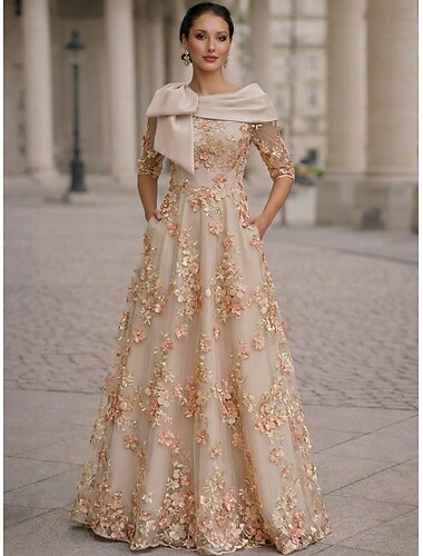  Linha A Longo Vestidos de noite Vestido formal Elegante Floral Sem Manga Gola Alta Festa de Jardim Casamento Cetim Organza com Flor bordada Laço(s) Bordado