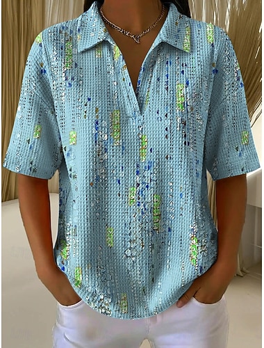  Vrouwen Wafel Zomer Tops Print Grafisch Geometrisch Abstract Elegant Vintage Stijlvol Mouwloos Korte Mouwen Shirt Kraag Lange Tops Casual Dagelijks Blauw Roze Paars Groen Zomer Lente
