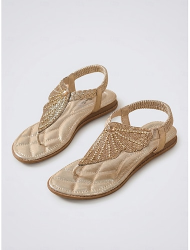  Sandales plates à entre-doigts pour femmes, ornées de strass dorés scintillants - élégantes et bijoutées avec des brides métalliques, parfaites pour les vacances à la plage &stations balnéaires