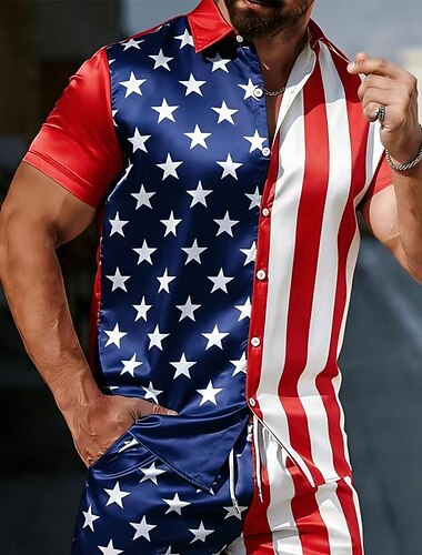  Herren 250. Jahrestag des Unabhängigkeitstages der USA am 4. Juli Amerikanische Flagge Hemd Satinhemd Kleidhemd Kurzarm Patriotisch Outdoor Ferien Sommer Frühling Umlegekragen 3D-Druck Hemden mit
