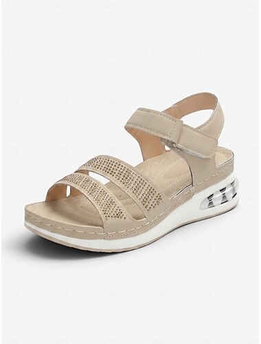  صنادل نسائية مبطنة بالهواء ومزينة بأحجار الراين - أحذية مريحة مفتوحة الأصابع بشريط فيلكرو قابلة للتعديل للارتداء في الهواء الطلق