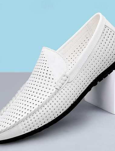  Pánské bílé perforované mokasíny, prodyšné, nazouvací, ležérní letní boty, lehké a pohodlné pro každodenní nošení, cestování, volný čas, resort a letní výlety.
