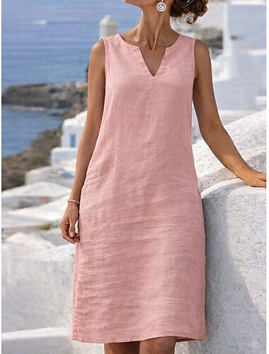  Dames Knielengte jurk Jurken van katoen en linnen Hemdjurk Zonnejurk Casual jurk Basic Dagelijks Vakantie Uitgaan Normale pasvorm Heldere kleur Mouwloos V-hals Gespleten nek blauw Geel Blozend Roze