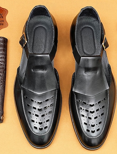  Herresandaler i ekte skinn av premiumkvalitet med utskjæringer og munkestropper, elegante slip-on-sko til formelle anledninger, til brudgommen, sommerbryllup, banketter og kveldsfester