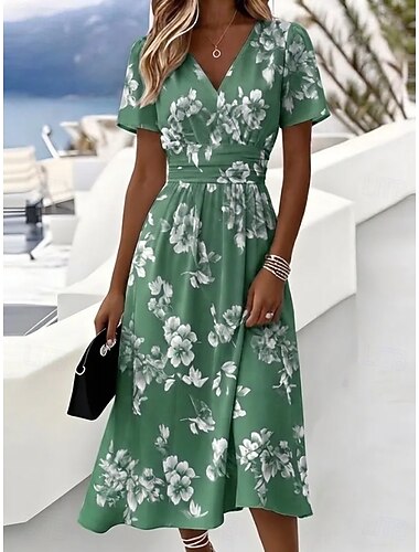  Dames Halflange jurk Hemdjurk Vakantie Casual Boho Dagelijks Zomerjurk Lente Jurk Normale pasvorm Bloemig Grafisch Korte mouw Strakke ronde hals V-hals blauw Geel Blozend Roze Donker Roze Zomer Lente