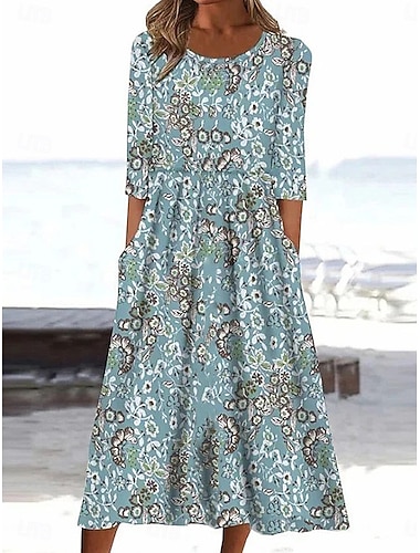  Dame Midikjole Skiftkjole Ferie Fritid Bohem Daglig Sommerkjole Vårkjole Normal Grafisk Halvlange ermer Crew-hals Blå Sommer Vår