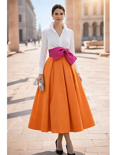  Ligne A Longueur cheville Longueur thé Robes de Cocktail Élégant Robes semi-formelles manche longue Col en V Fête de jardin Mariage Satin avec Noeud(s) Plis Bloc de Couleur