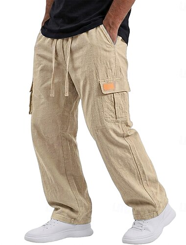  Homme Pantalons Cargo Pantalons en Lin Pantalons Pantalon d'été Cordon de serrage Taille Élastique Multi-poches Uni Confort Respirant Longueur complète Occasionnel Quotidien Fête Vacances Mode Coupe
