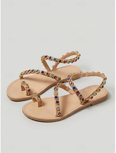  Sandales plates bohèmes kaki pour femmes - élégantes sandales à brides ornées de bijoux et de cristaux colorés, parfaites pour les vacances à la plage, les croisières estivales et les escapades insulaires.