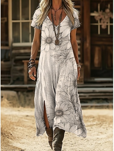  Per donna Abito Midi Abito Boho Vestito Casual Abito a trapezio Abito Stampato Vintage All'aperto Vacanza Weekend Vestibilità regolare Grafico Margherita Manica Corta Scollo a V Grigio Estate