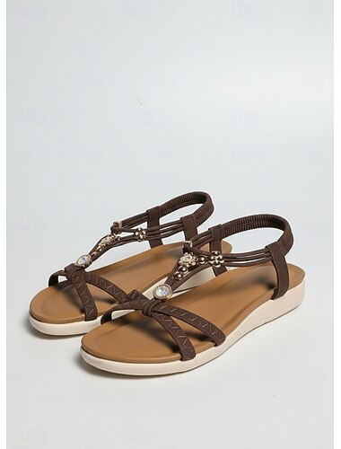  Γυναικεία κομψά κρεμ σανδάλια με λουράκι T - άνετα μποέμ φλατ παπούτσια με κρυστάλλινες λεπτομέρειες για διακοπές στην παραλία, καλοκαιρινούς γάμους &κρουαζιέρες σε εξωτερικούς χώρους