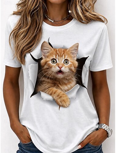  Dames T-shirt Afdrukken Grafisch dier Kat Vintage Stijlvol Klassiek Korte mouw Strakke ronde hals Ronde hals Normale tops Casual Dagelijks Weekend Wit Wit 2 Wit 3 Zomer Lente Herfst