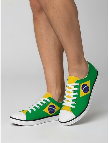  Groene canvas sneakers voor heren, perfect voor voetbalfans – casual veterschoenen in Braziliaanse kleuren voor wedstrijddagen, sportevenementen, streetwear en dagelijks gebruik.