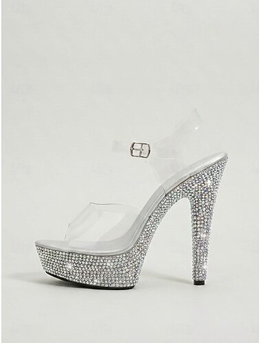  Sandalias de tacón alto con plataforma transparente y pedrería para mujer: tacones de cristal con punta abierta para cócteles y discotecas. &eventos nocturnos glamurosos