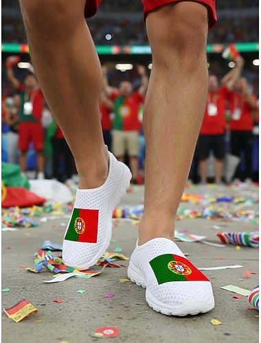  Slip-on sneakers med portugisisk flagg for menn – pustende nettingsko for fotballfans, turgåing, reiser og kampdager