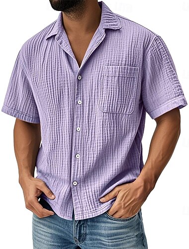  Homme Chemise Chemise en lin Chemise d'été Tenue de plage Chemise Boutonnée Couleur Unie Occasionnel Vacances Bleu Noir Vin bleu marine Manche Courte Col de chemise Été Printemps Vêtement Tenue Avec