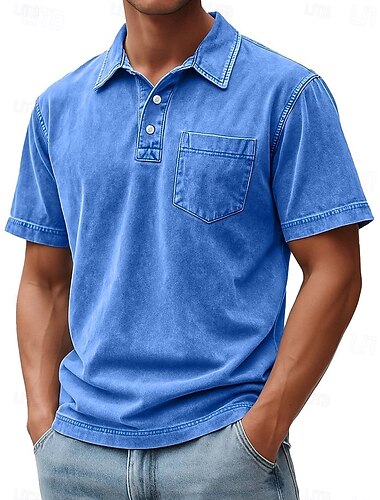  Per uomo Polo Camicia 100% cotone lavaggio acido Casuale Ferie Bavero Manica Corta Moda Essenziale Semplice Vintage ▾ angosciato Estate Primavera Tutte le stagioni Vestibilità regolare Blu Nero Blu