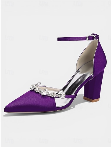  Lila Satin-Pumps mit spitzer Zehenpartie und Blockabsatz, Strass-Pumps mit Knöchelriemen für Cocktailpartys und Hochzeiten &Abendveranstaltungen