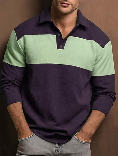  Hombre Tiras horizontales Polo de rugby Manga Larga Camisas de polo Camisas con cuello Ropa deportiva Casual Exterior Escuela Ropa Deportiva Impresión 3D Botones Primavera Otoño Azul Piscina Marrón