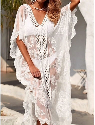  Damen Badeanzug Überwurf Bademode Spitze Urlaub Strandbekleidung Einfarbig V Ausschnitt Langarm Badeanzüge