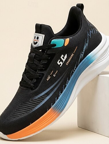  Zwarte hardloopsneakers voor heren, met vetersluiting, lichtgewicht, gedempte, ademende sportschoenen voor hardlopen, fitness, reizen en dagelijks gebruik.