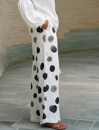  女性用 生意気 ワイドレッグ チノパン 旅行度假风 ベーシック カジュアル 全長 ハイウエスト グラフィック 波点 抽象的 履き心地よい 速乾性 通気性 伸縮性なし カジュアル 日常 アウトドア ホワイト 夏 春 ルーズフィット