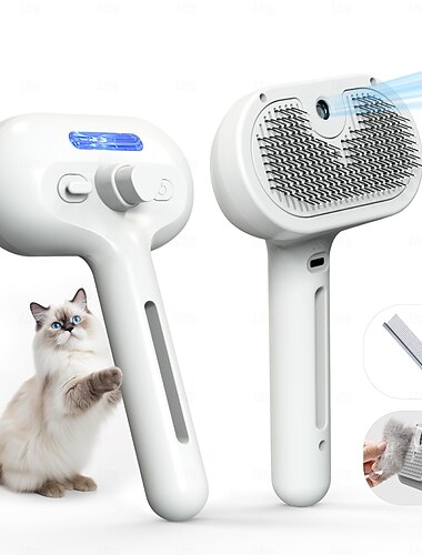  Huisdierborstel met elektronische vernevelaar - zacht hulpmiddel voor het verwijderen van losse haren bij katten &Hondenstoomborstel, vermindert verharing, zachte borstelharen, bevordert een gezonde
