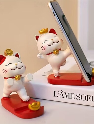  Soporte para smartphone con forma de gato de la suerte, adorable figura kawaii de maneki neko, soporte para teléfono de escritorio, soporte portátil para celular, decoración de oficina, regalo de