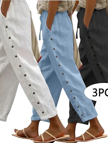  Dame Uformelle bukser Sommerbukser 100% قطن Bukser Ferie Grunnleggende Fritid hverdag Ankel-lengde Naturlig عادي Sidelommer Sideknapp Komfort Pusteevne Uelastisk Daglig Helg Hvit + Svart + Blå Hvit