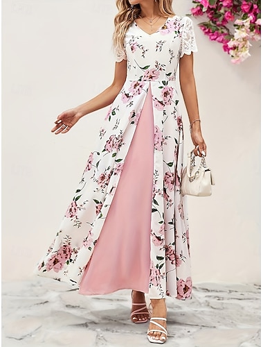  Per donna Abito lungo maxi Vestito in Chiffon Abito Floreale Abito Stampato Elegante Moda Moderno Quotidiano All'aperto Vacanza Vestibilità regolare Floreale Manica Corta Scollo a V Rosa Estate