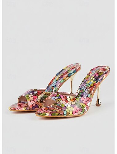  tacchi alti con stampa a mosaico multicolore per donna – muli colorati con tacco metallico, perfetti per eventi alla moda, feste e occasioni serali