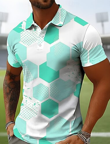  Fußball-Pokal 2026 Herren Fußball Poloshirts Kurzarm Polo-Shirts Revers Lässig Athleisure Ferien Alltagskleidung 3D-Druck Knöpfe Atmungsaktives Gewebe Frühling & Sommer Blau Grün