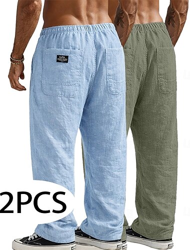  Homme Pantalons en Lin Pantalons Pantalon d'été Pantalons Amples Pantalons de Plage Cordon de serrage Taille Élastique Jambe Droite Uni Confort Respirant Longueur complète Occasionnel Quotidien Fête