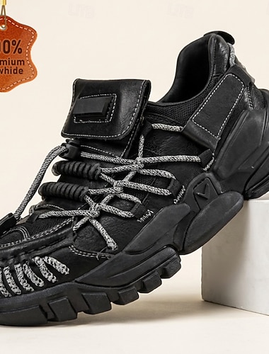  Schwarze, strapazierfähige und atmungsaktive Schnür-Sneaker für Herren aus echtem Leder – ideal für Outdoor und Freizeit.