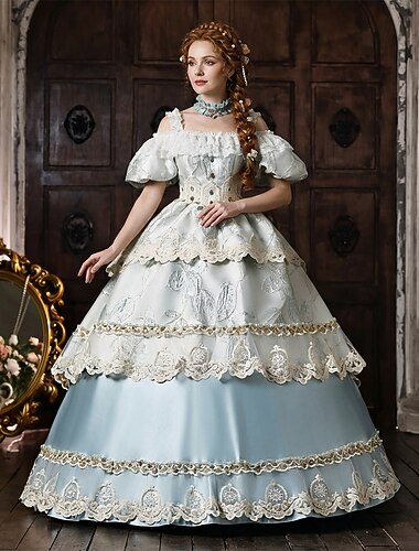  Rococo Barok Baljurk  Tot de grond Baljurk  Choker Korte mouwen Prinses Bruids Koninklijke kleding Uit de schouder Baljurk Vierkante hals Kostuum Dames Koninklijk Halloween Carnaval Maskerade