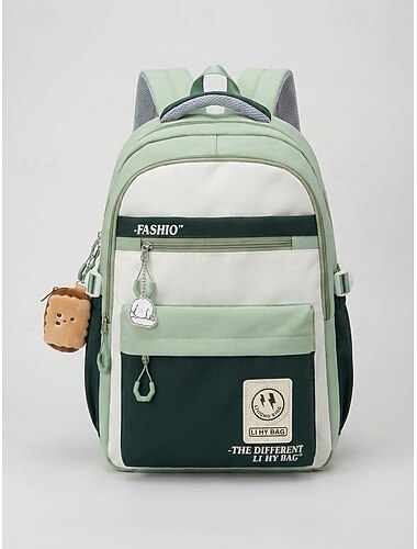  Damryggsäck i polyester med söt charm, stor kapacitet, justerbara remmar, bagagehylsa, flera färger, snygg väska för skolan, resor, utomhusbruk och vardagskläder