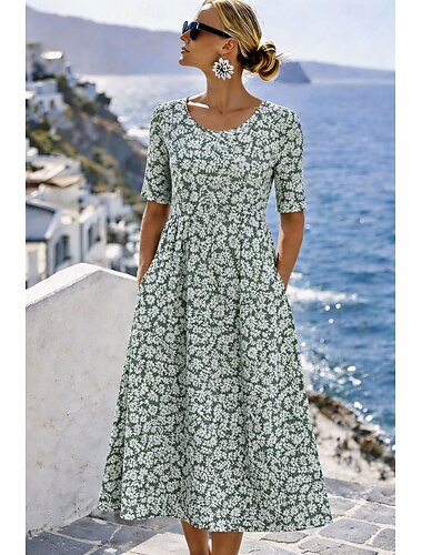  Per donna Abito Midi Abito a Tubino Vacanza Casual Vestibilità regolare Floreale Grafico Stile Boho Mezza Manica Girocollo Blu Arancione Verde Beige Estate Primavera