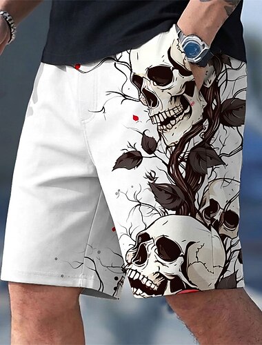  Herren Liebe und Skelett Schädel Vintage Badehosen Badeanzüge Badeshorts Boardshorts Mittlere Taille Dunkler Gothic-Stil Outdoor Urlaub Alltagskleidung Seitentaschen Netzfutter Elastischer Kordelzug