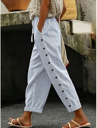  Dame Imitert bomullslin Bukser Uformelle bukser Sommerbukser Ferie Mote Grunnleggende Ankel-lengde Medium Midje Blomstret Grafisk Stripet Sidelommer Stripe Trykt mønster Komfort Bekvem Uelastisk