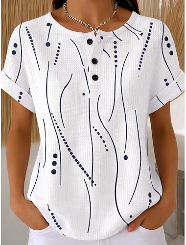  Γυναικεία Βάφλα μπλουζάκι Μπλουζάκια με πλέξιμο υφή Μπλουζάκι Μπλοκ χρωμάτων Στάμπα Γραφική Γεωμετρικό Βίντατζ Στυλάτο Κλασσικό Κοντομάνικο Στρογγυλή Ψηλή Λαιμόκοψη Στρογγυλή Λαιμόκοψη
