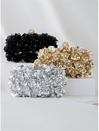  Paillettenbesetzte Damen-Abendclutch mit Blumenmuster, florale Polyester-Partytasche mit Kettenriemen in verschiedenen Farben für Hochzeiten, Bankette, formelle Anlässe und Cocktailpartys