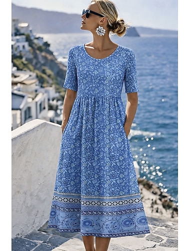  Damen Midikleid Shiftkleid Urlaub Lässig Normale Passform Blumen Grafik Böhmische Kurzarm Rundhalsausschnitt Blau Rosa Purpur Sommer Frühling