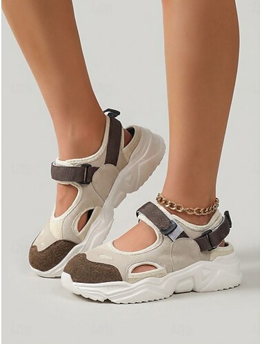  סנדלי ספורט עבים בצבע בז' לנשים - עיצוב חיתוך נושם, וו מתכוונן &רצועות לולאה, נעלי הליכה מזדמנות עם סוליית פלטפורמה מרופדת לחוץ &ללבוש יומיומי