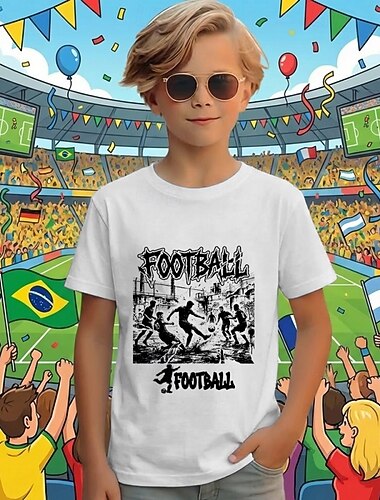  100% Baumwolle Kinder Jungen Weiß Grafik Fußballspieler T-Shirt Bluse Rundhalsausschnitt Kurzarm Outdoor Alltagskleidung Mode Streetwear Designer Drucken Sommer