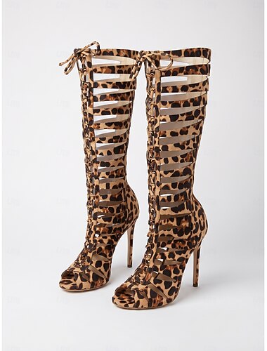  Stivali da donna al ginocchio con stampa leopardata - stivali con tacco a spillo, allacciati e con ritagli, perfetti per la vita notturna e le feste. &abbigliamento da club