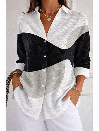  בגדי ריקוד נשים חולצה חולצת וופל חולצה קז'ואל כפתורים גראפי גיאומטרי וינטאג' מסוגנן שרוול ארוך חולצות רגילות יומי בָּחוּץ לבוש רחוב שחור ולבן לבן + שחור דפוס לבן קיץ אביב סתיו חורף