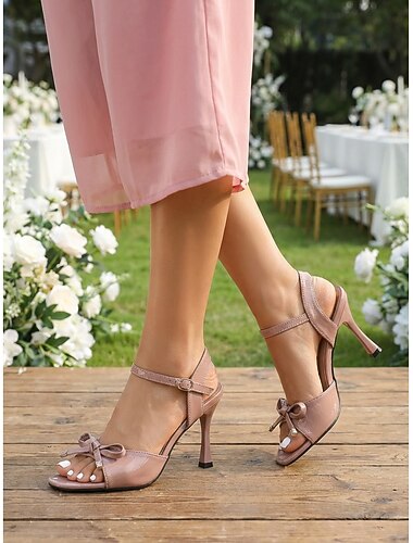  Sandalias rosas de tacón alto con punta abierta y detalle de lazo para mujer, elegantes zapatos para invitadas de boda en bodas al aire libre. &eventos al aire libre