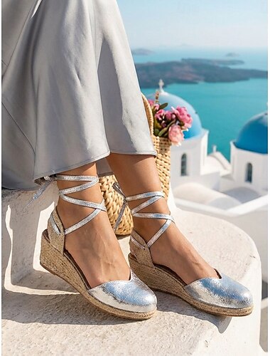  Damessandalen met vetersluiting en sleehak - elegante espadrilles met gesloten neus en enkelbandje, perfect voor eilandvakanties, reizen naar het Middellandse Zeegebied en zomerse resortkleding.